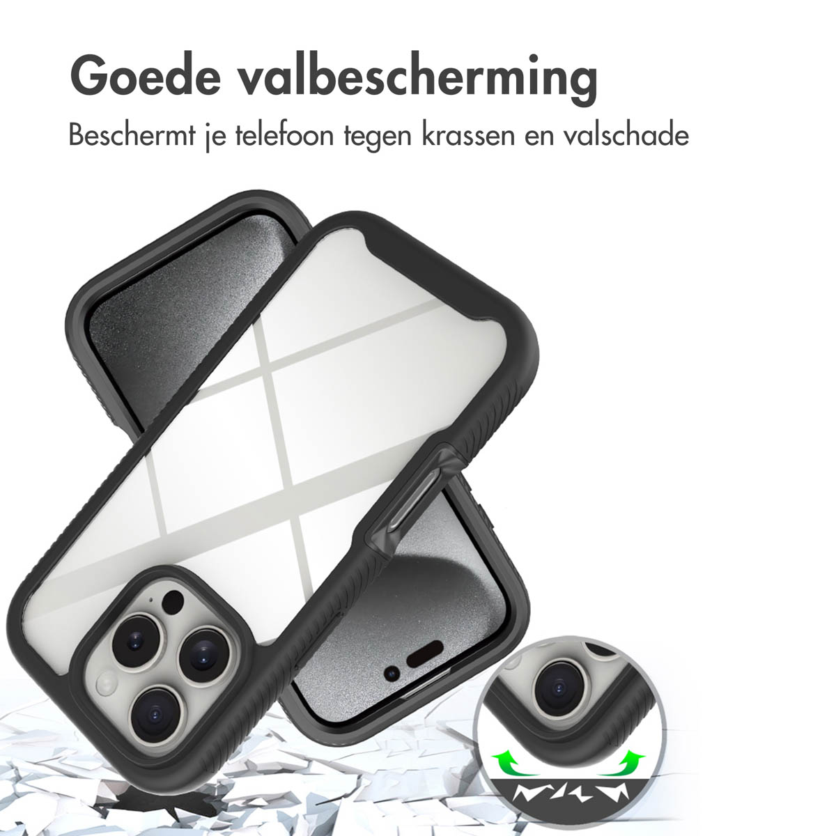 Telefoonhoesje met telefoon erin. De hoes is zwart met een doorzichtig midden. Tekst in het Nederlands.
