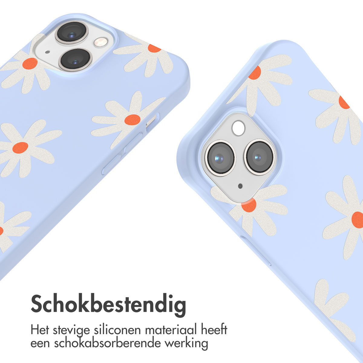 Zwei Handyhüllen mit Gänseblümchenmustern. Der Text lautet 'Schokbestendig', was stoßfest bedeutet.