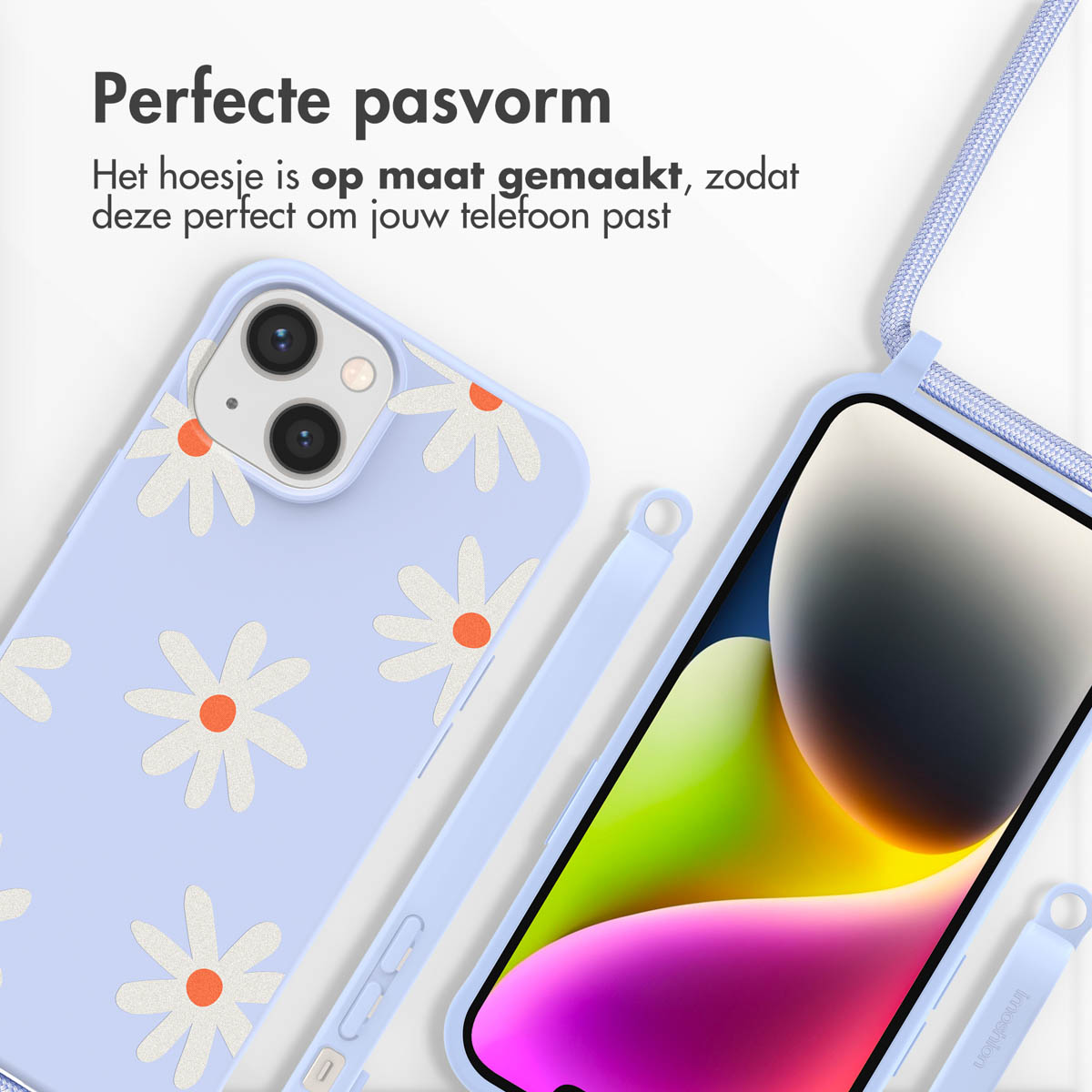 Eine hellblaue Handyhülle mit Gänseblümchen und einer passenden Schnur. Ein Telefon befindet sich in der Hülle.