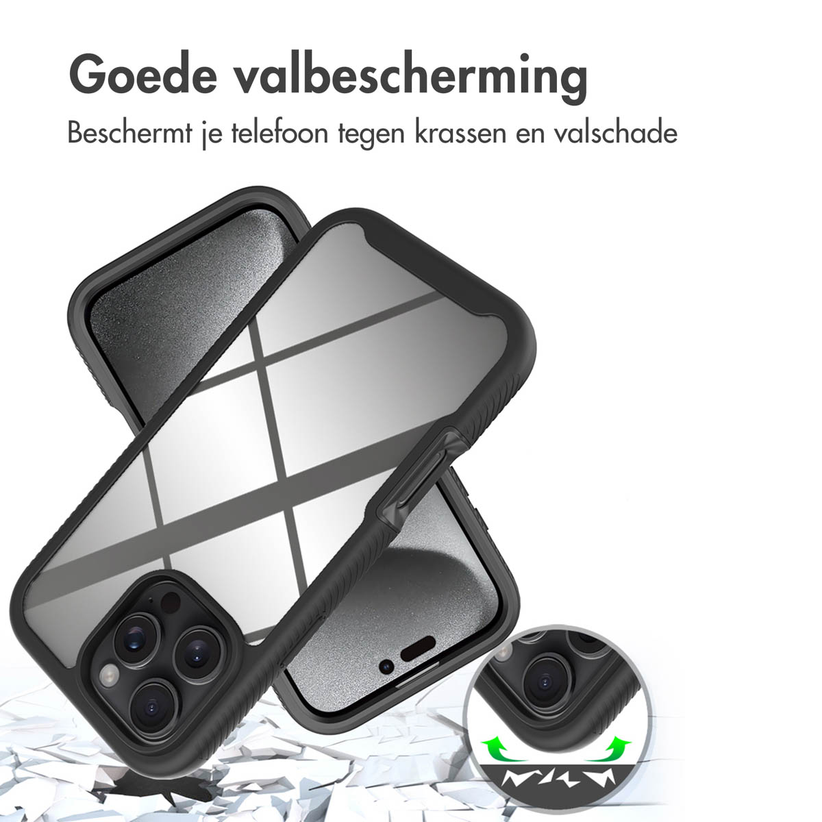 Téléphone dans un étui noir avec protection transparente, montrant une protection contre les chocs.