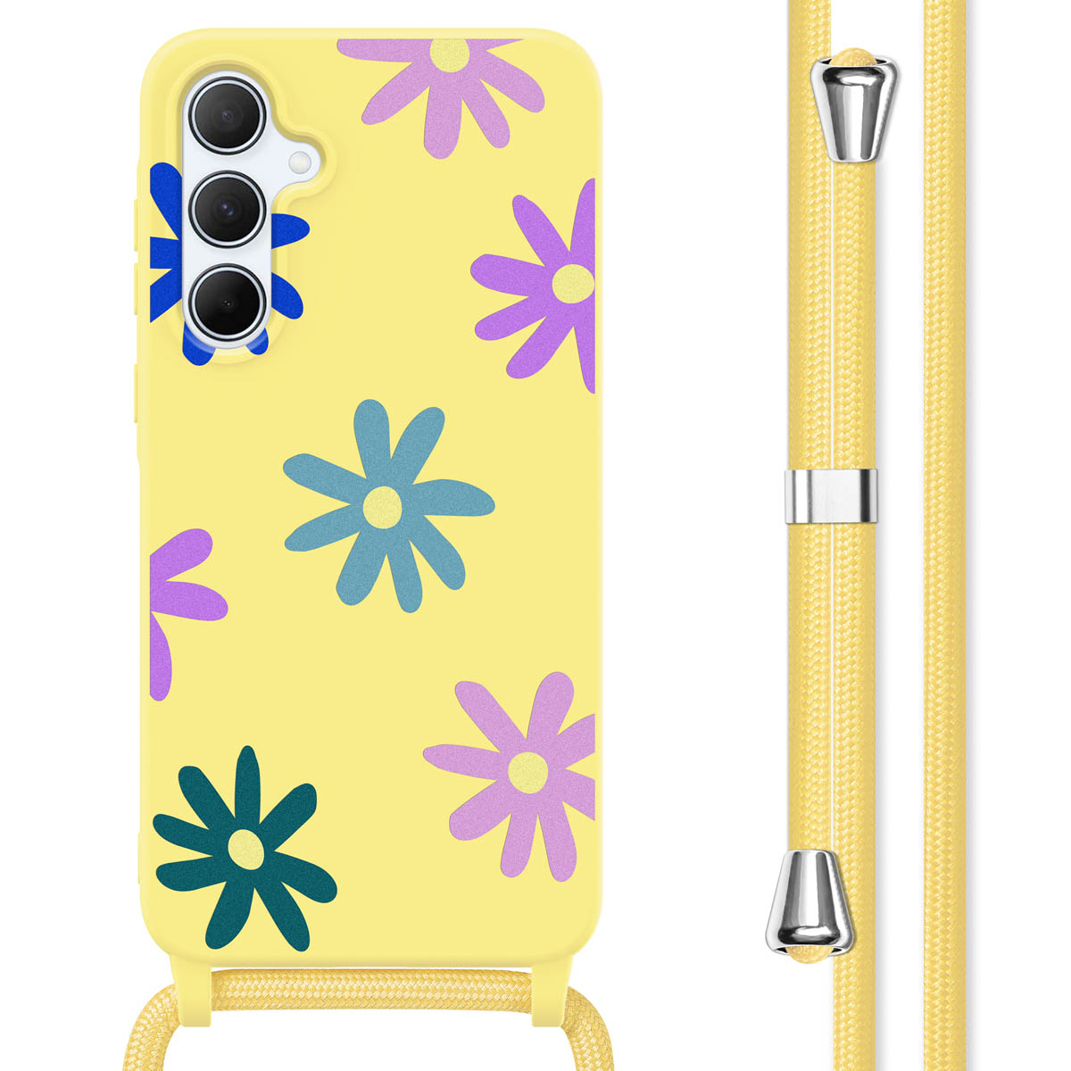 Gele telefoonhoes met bloemenpatroon en een geel koord. De hoes heeft uitsparingen.