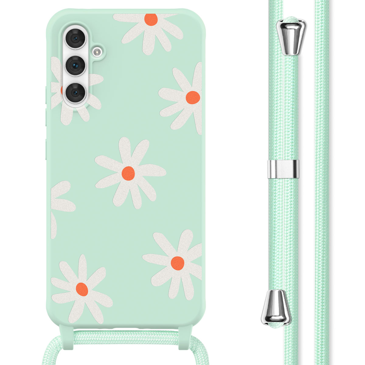 Coque de téléphone vert menthe avec motif de marguerites et lanière vert menthe. Fond blanc.