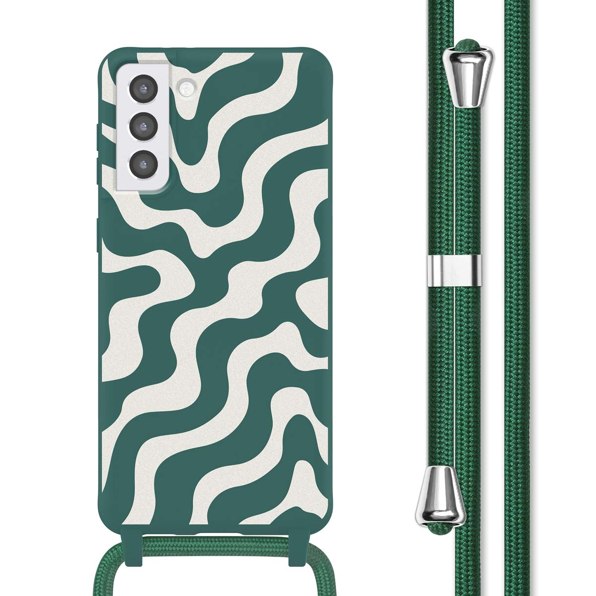 Groene telefoonhoes met een wit golfpatroon. Een groen koord is bevestigd. Witte achtergrond.
