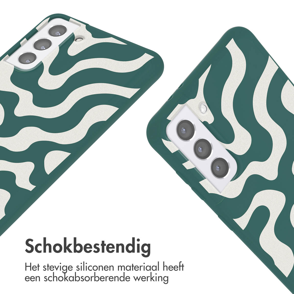 Twee groene telefoonhoesjes met wit wervelontwerp. Tekst hieronder over schokbestendigheid.
