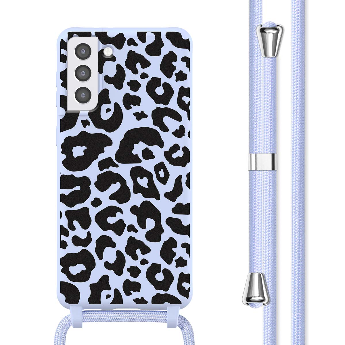 Lichtblauwe telefoonhoes met zwarte luipaardprint. Een lichtblauw koord hangt van onderaf.