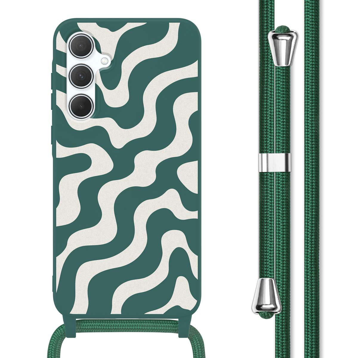 Coque de téléphone verte avec motif ondulé blanc. Cordon vert assorti. Accents argentés.