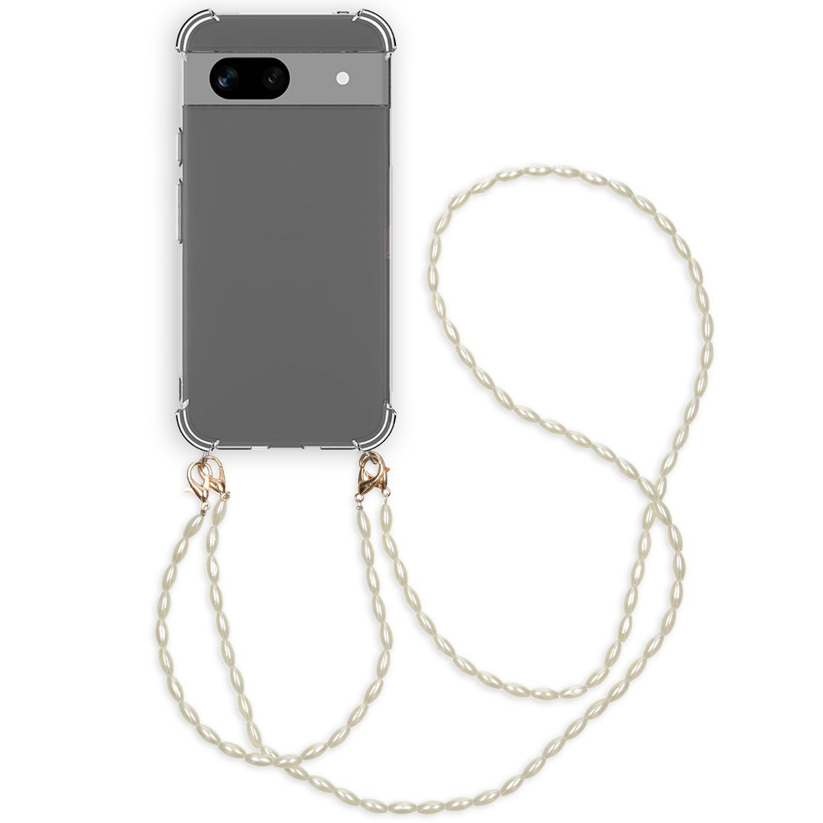 Coque de téléphone transparente avec une lanière style collier de perles attachée à un téléphone.