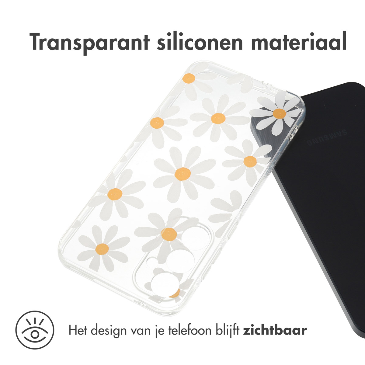 Een doorzichtig telefoonhoesje met een wit madeliefpatroon en gele centra. Rechts staat een zwarte telefoon. De tekst hierboven luidt 'Transparant'.
