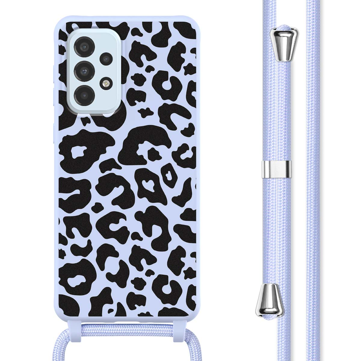 Coque de téléphone bleu clair avec motif léopard et cordon assorti.