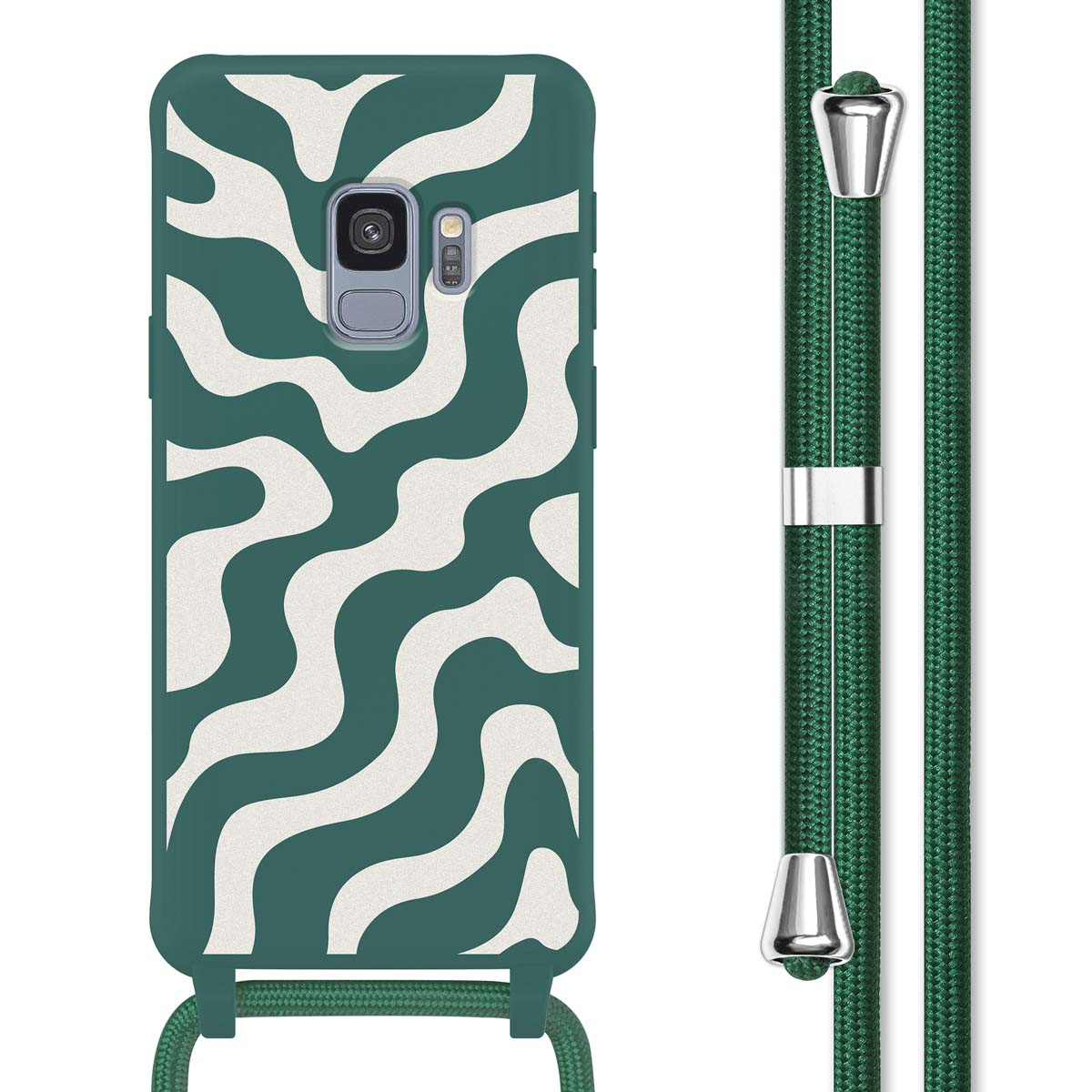 Custodia verde per telefono con onde bianche. Cinturino verde per telefono con parti metalliche. Bianco.