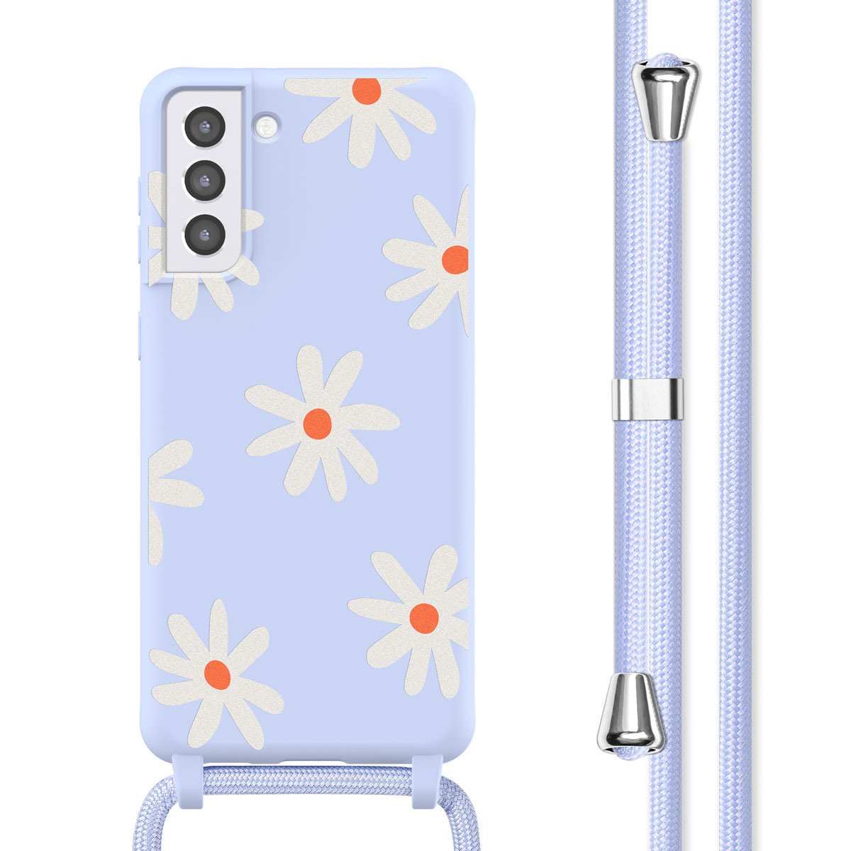 Lichtblauwe telefoonhoes met wit madeliefpatroon en een lichtblauw koord.