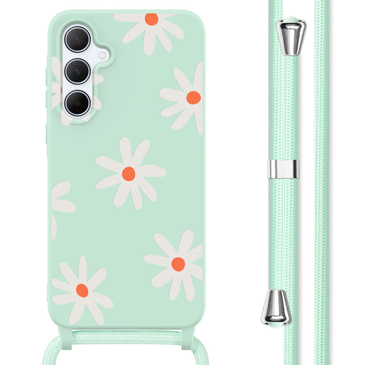 Coque de téléphone vert menthe avec motif de marguerites et cordon assorti.