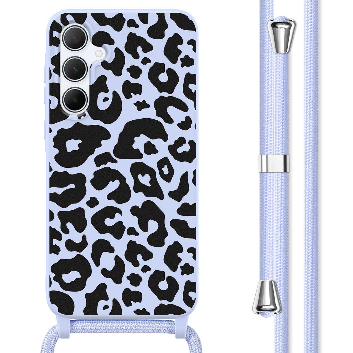 Coque de téléphone bleu clair avec des taches de léopard noires et un cordon assorti.