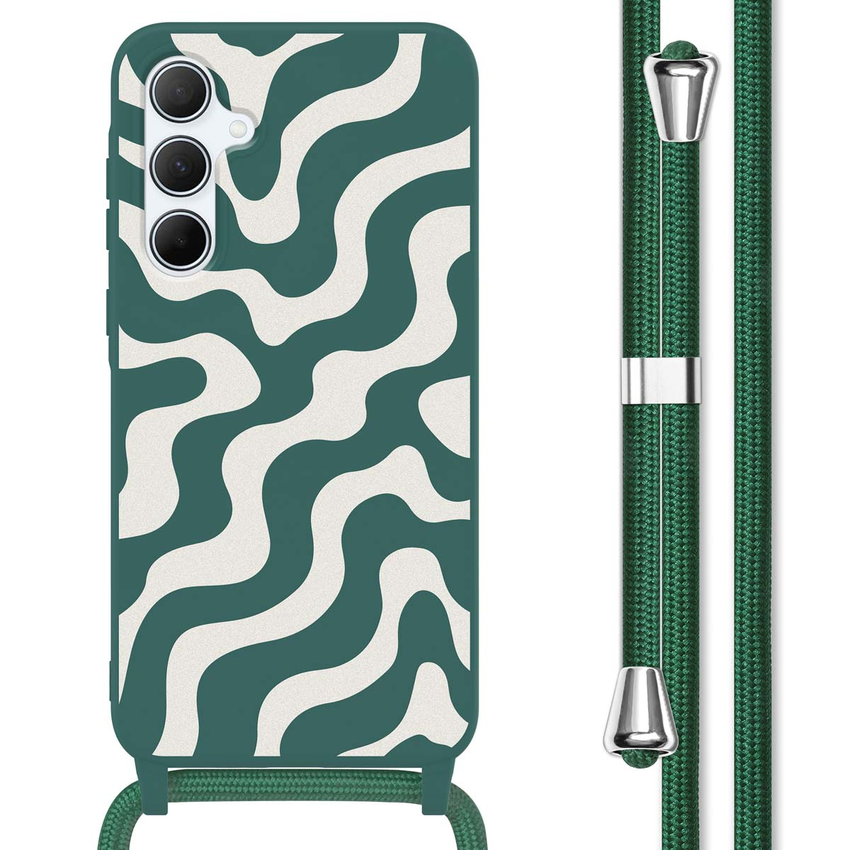 Une coque de téléphone avec un motif ondulé vert et blanc. Une sangle verte est attachée.