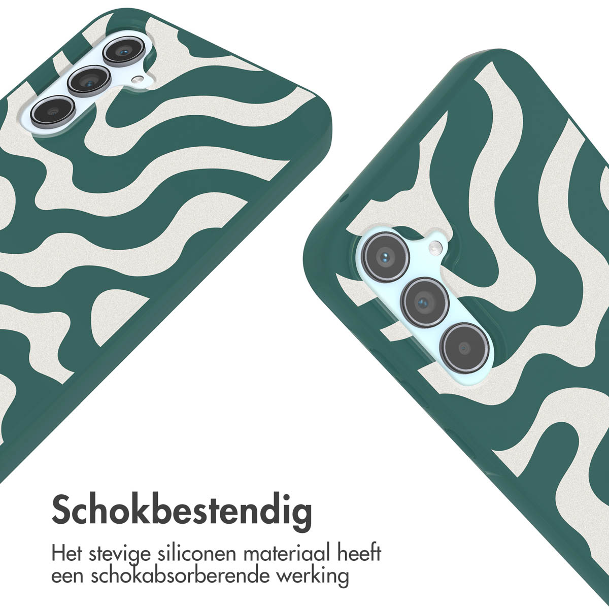 Deux coques de téléphone avec un motif de vagues vertes et blanches. Une a un appareil photo.