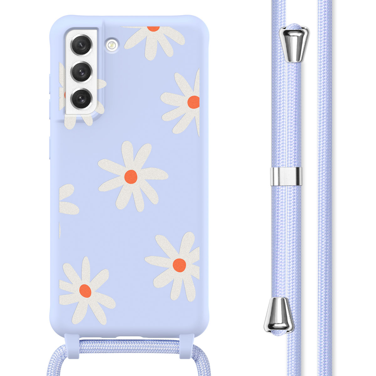 Lichtblauwe telefoonhoes met madeliefpatroon en bijpassend lavendelsnoer. Witte madeliefjes, oranje centra.