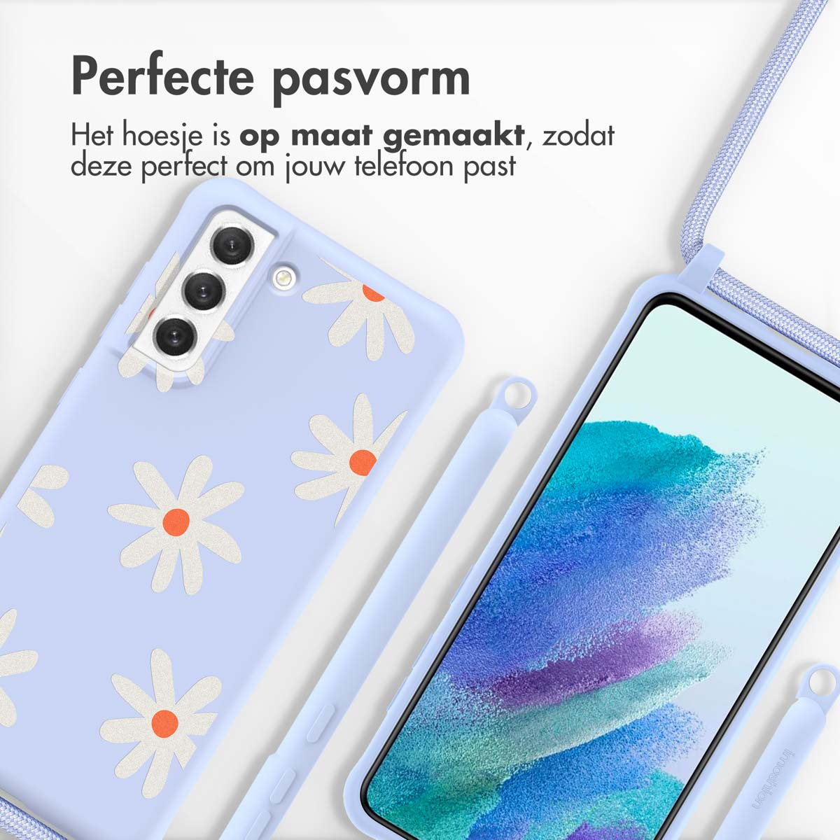 Een telefoon in een lichtblauwe hoes met madeliefjes. De hoes zit op een blauwe telefoon.