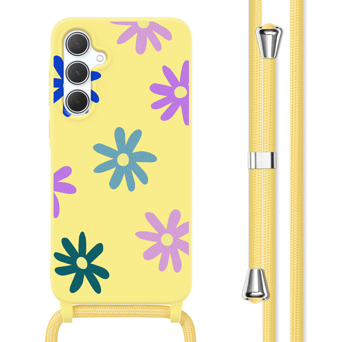 Coque de téléphone jaune avec un motif floral et une lanière jaune. Le fond est blanc.