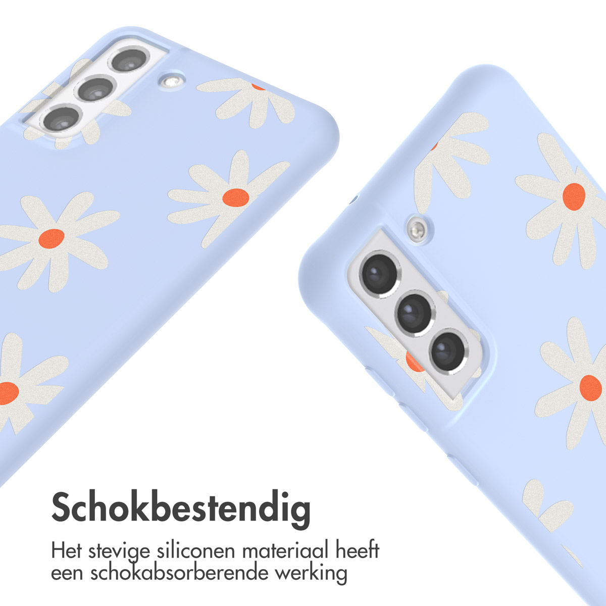 Twee lichtblauwe telefoonhoesjes met madeliefpatroon. Tekst: 'Schokbestendig'.