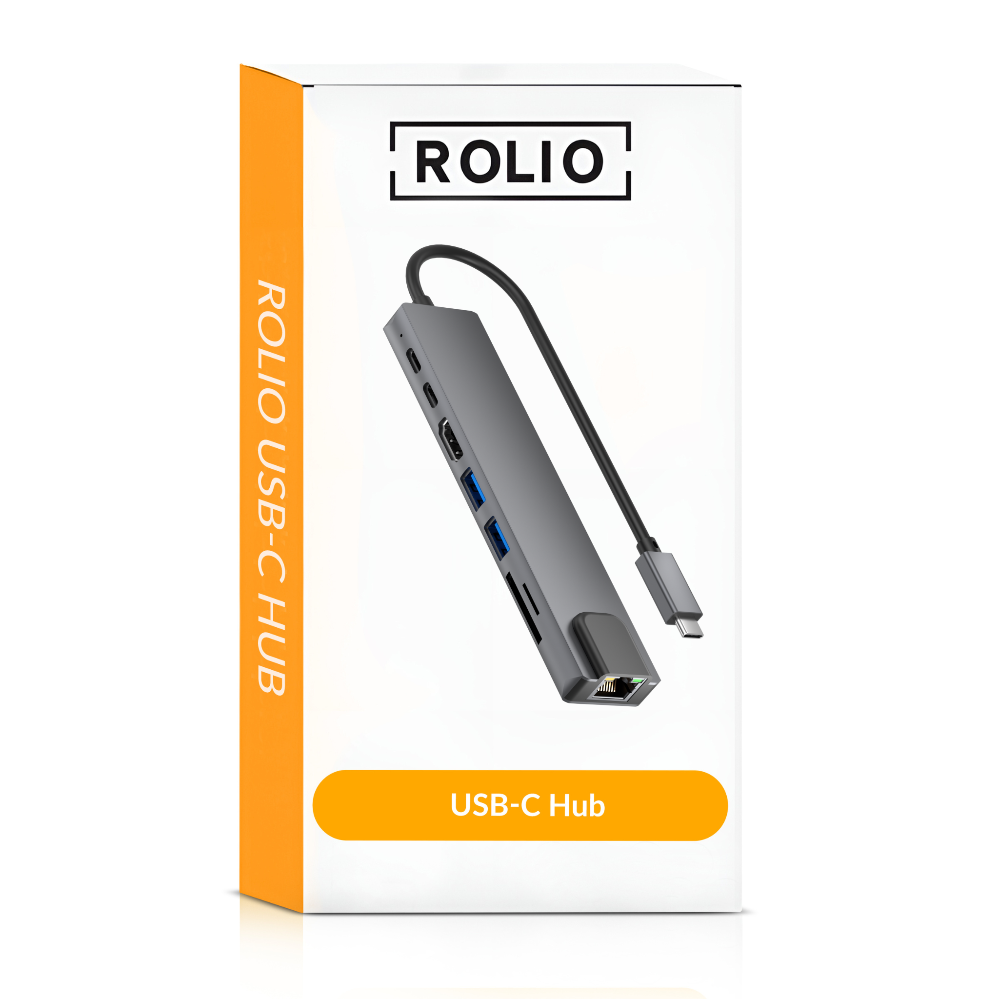 USB-C-Hub auf der Verpackung. Grauer Hub mit mehreren Anschlüssen, schwarzem Kabel und silbernem USB-C-Anschluss.