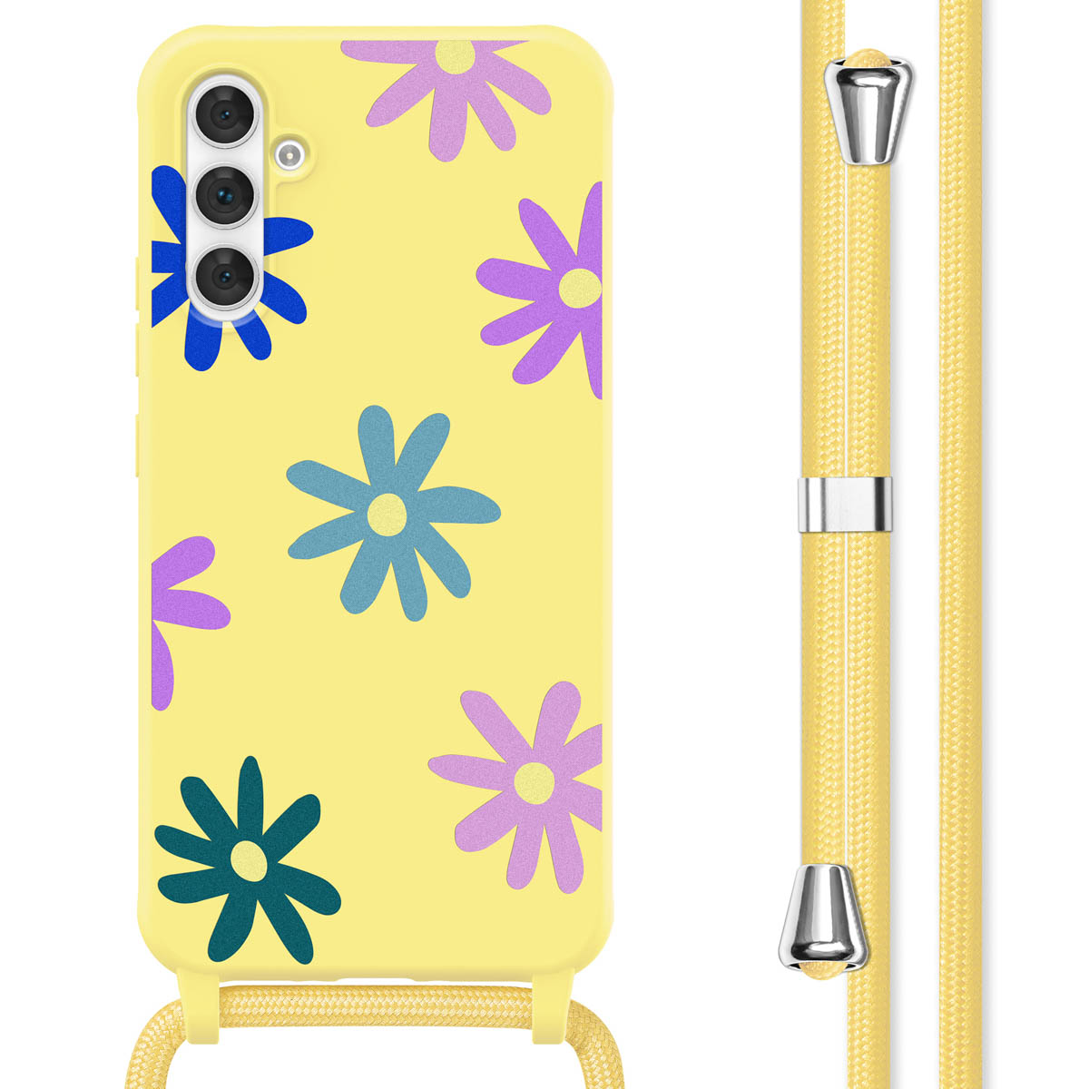 Coque de téléphone jaune avec fleurs bleues, vertes et violettes, et cordon jaune. Fond blanc.