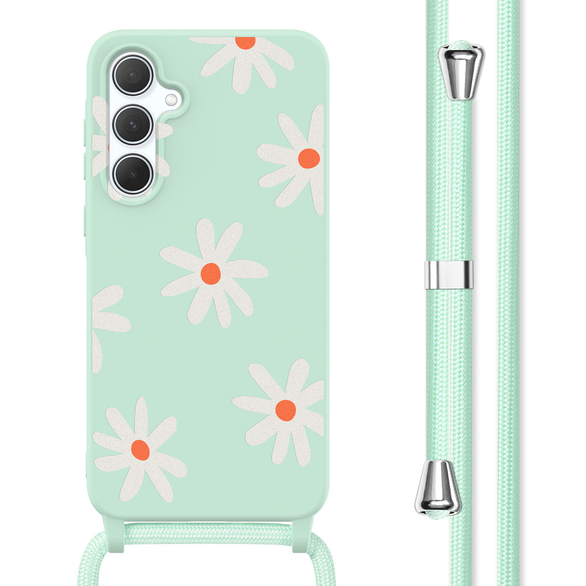 Coque de téléphone vert menthe avec motif de marguerites et cordon assorti. Marguerites blanches, centres oranges.