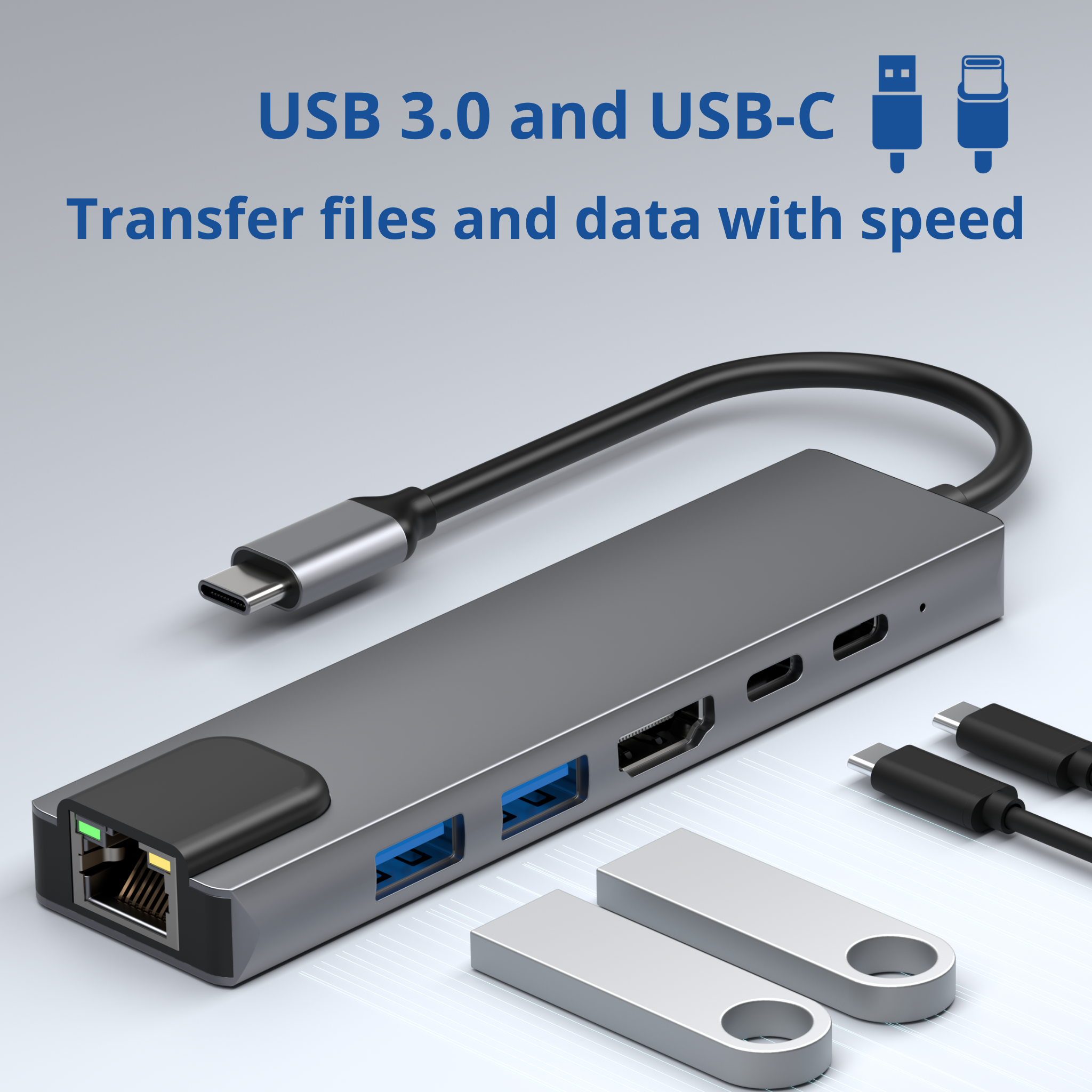 Un hub argenté avec plusieurs ports et deux lecteurs USB. Texte : 'USB 3.0 et USB-C' et 'Transférer des fichiers et des données'.
