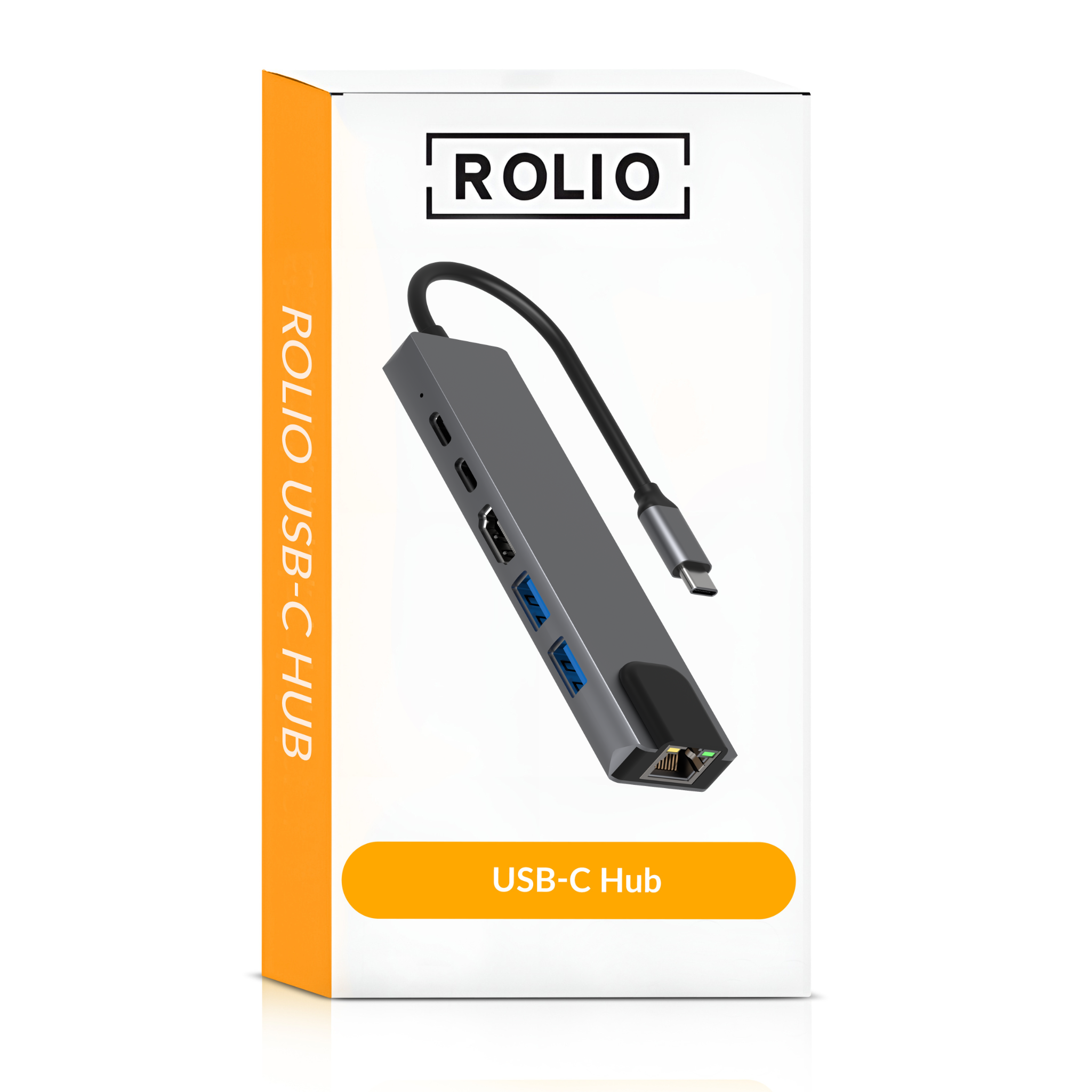 Hub USB-C Rolio dans une boîte. Le hub est gris avec plusieurs ports et un câble.