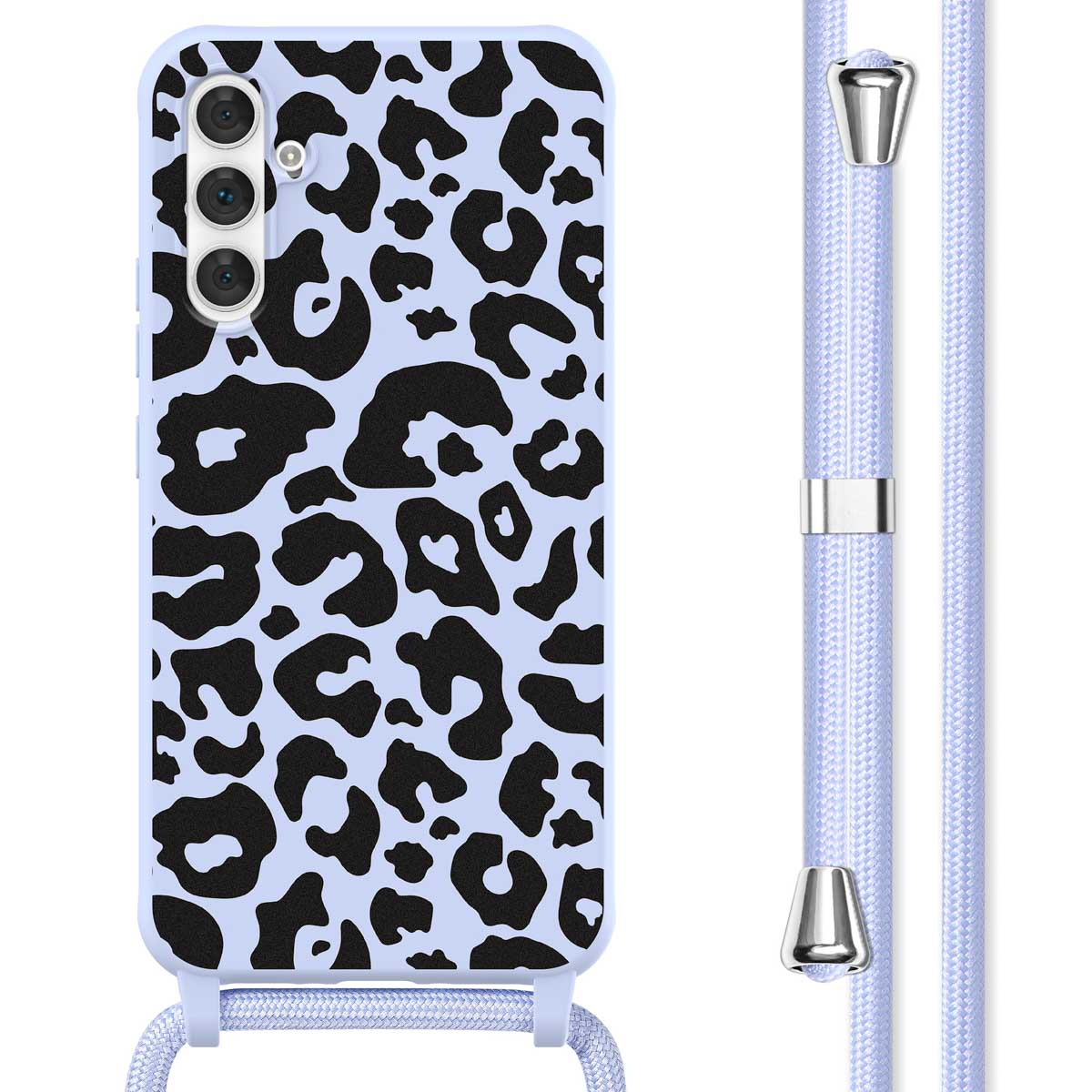 Coque de téléphone bleu clair avec imprimé léopard noir et cordon assorti.