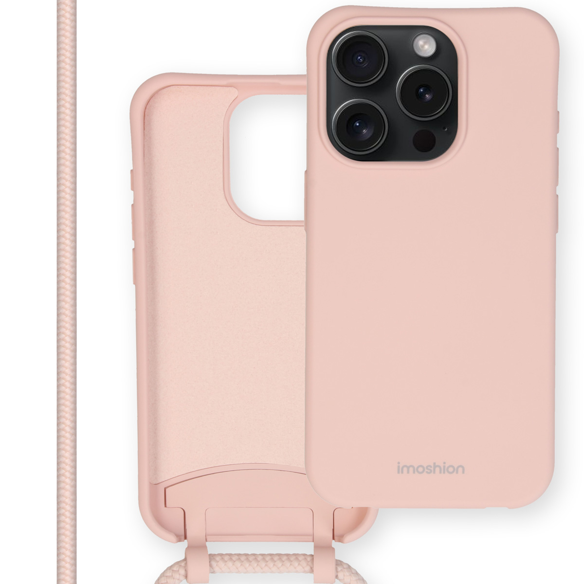 Roze telefoonhoesje met telefoon en roze koord, telefoon is Imoshion.