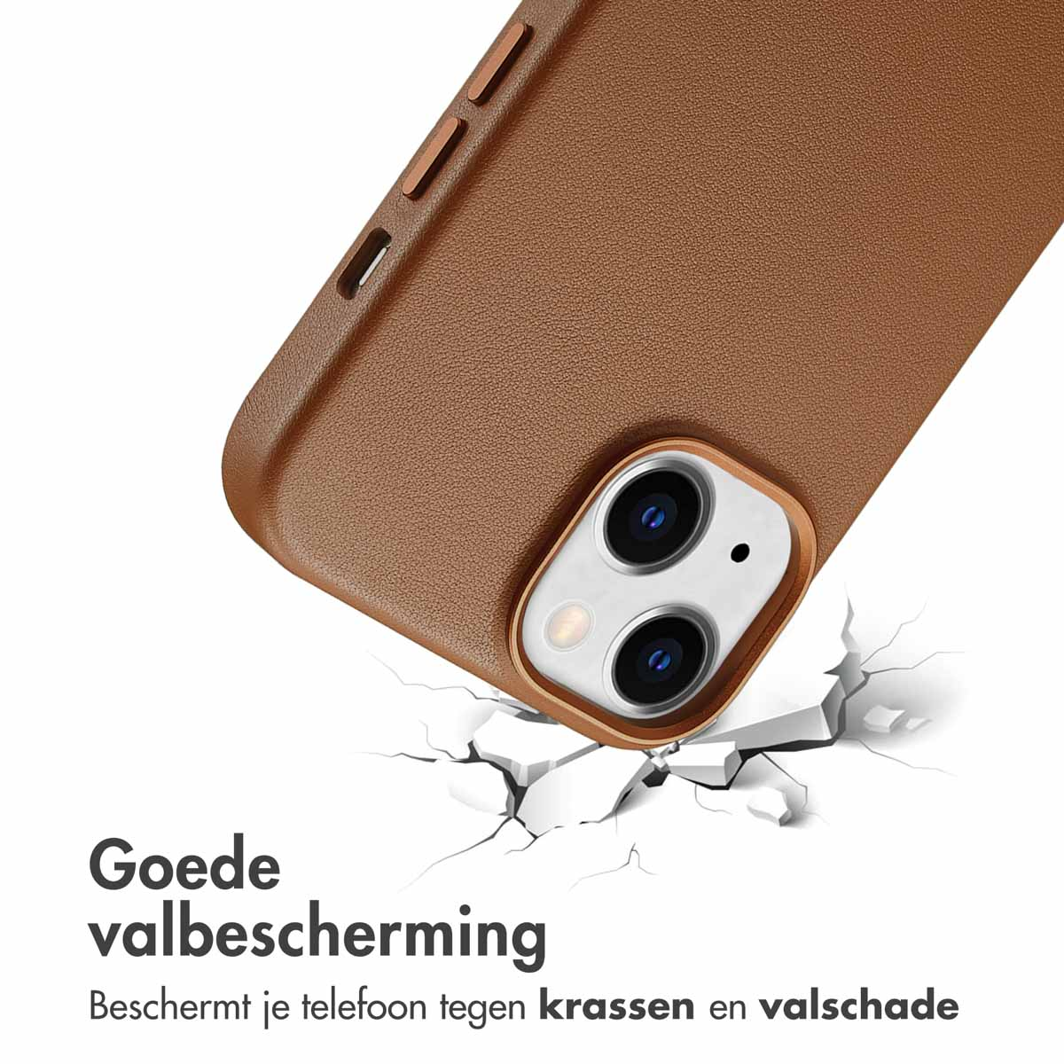 Bruine telefoonhoes met telefoon erin, vallend, met Nederlandse tekst over valbescherming.