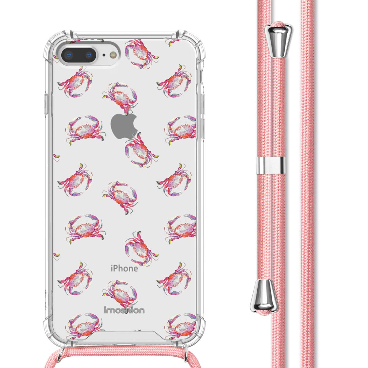 Coque transparente avec motif de crabes et sangle rose. Le téléphone est à l'intérieur de la coque.