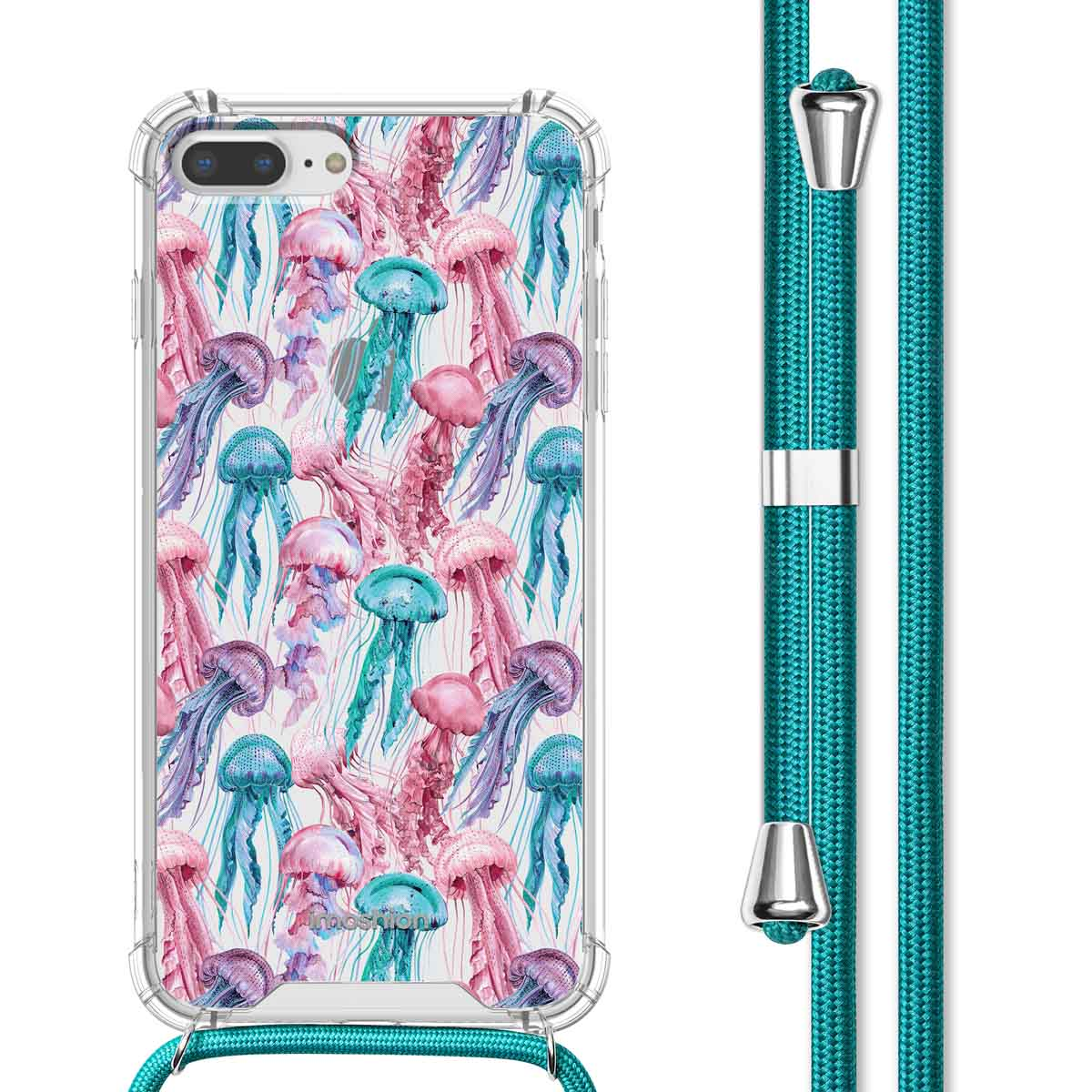 Coque de téléphone motif méduses avec cordon, montrant le design.