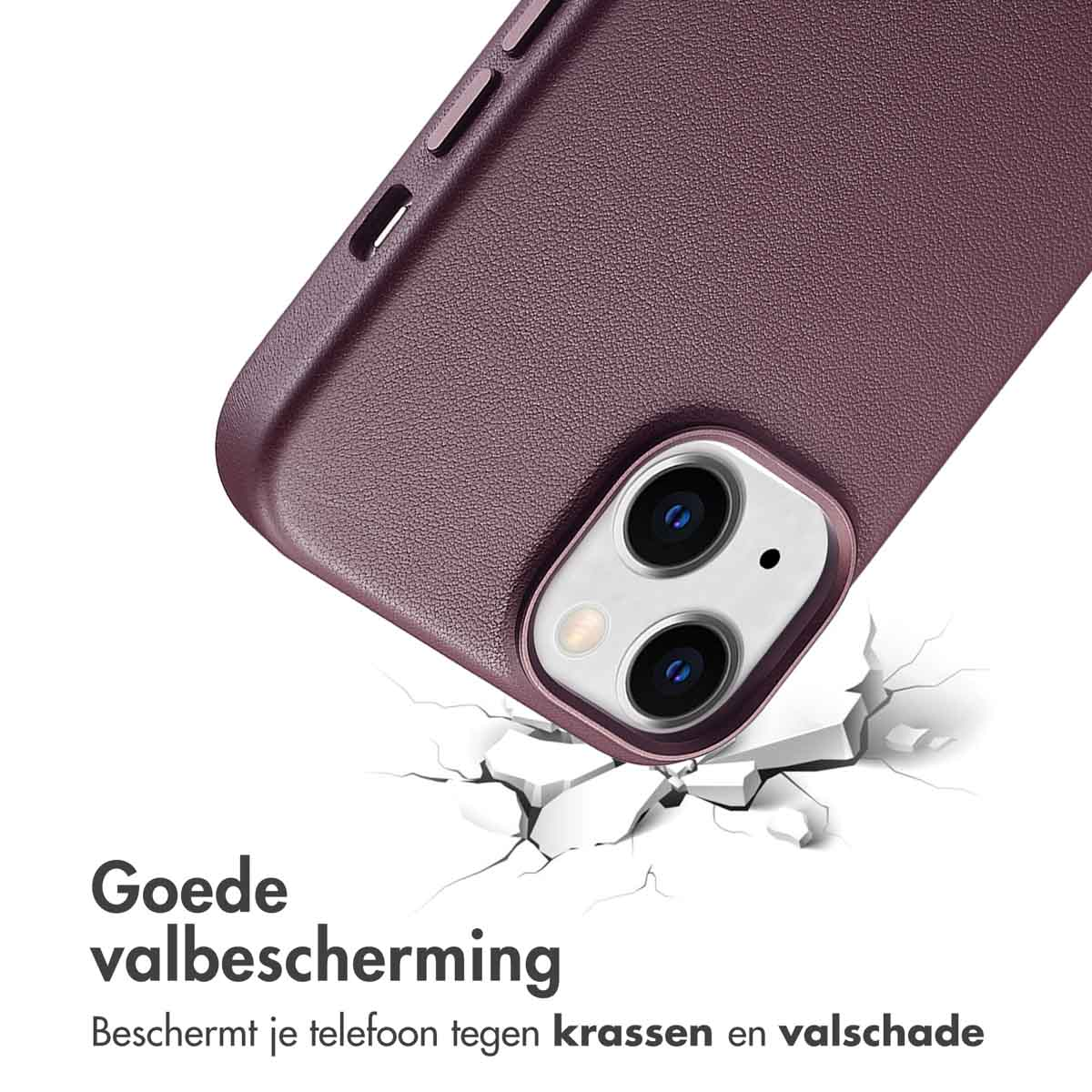 Een paars telefoonhoesje met een telefoon erin, dat de grond kraakt. Tekst: 'Goede valbescherming'.