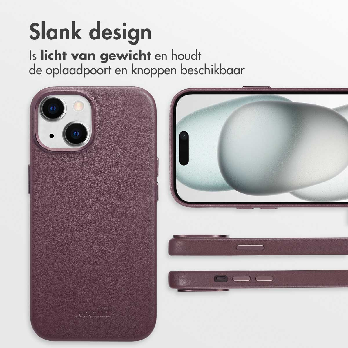 Paarse telefoonhoes met een telefoon erin, waarop het scherm te zien is. Details van de hoes worden ook getoond.