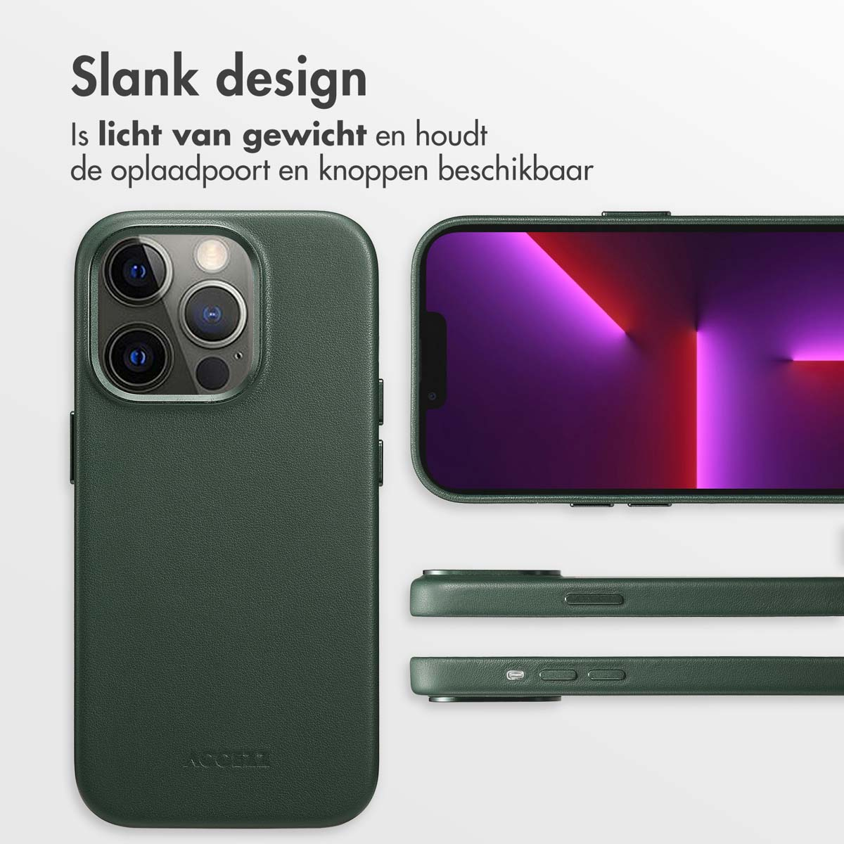 Une coque de téléphone verte avec un téléphone et un écran est affichée dans l'image avec du texte à gauche.