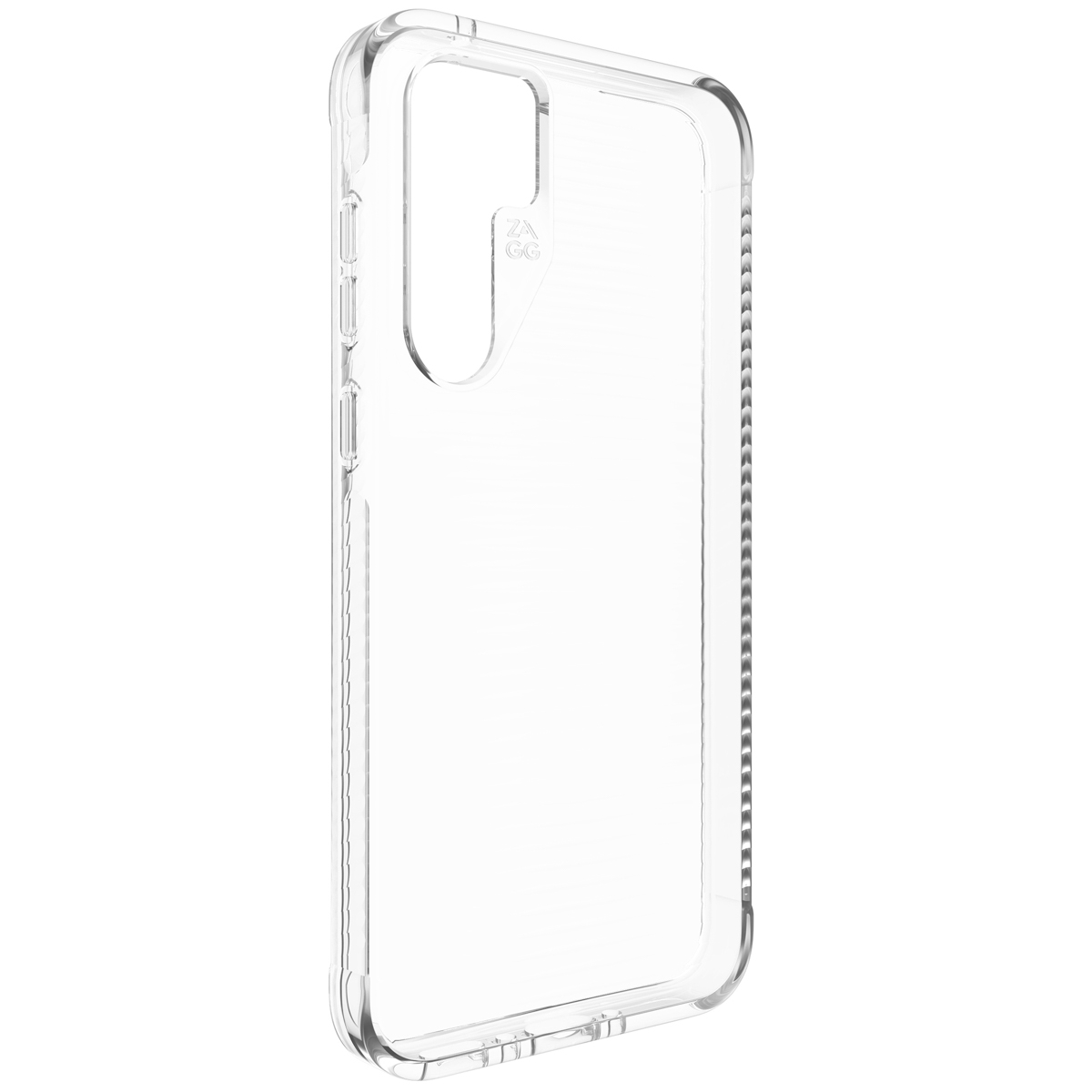 Coque de téléphone transparente. Vue latérale. Coque transparente avec ouverture caméra et boutons latéraux.