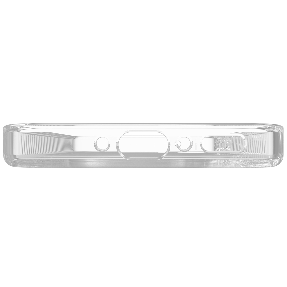 Le bord inférieur d'une coque de téléphone transparente est montré. Il y a des trous pour le chargeur et les haut-parleurs.