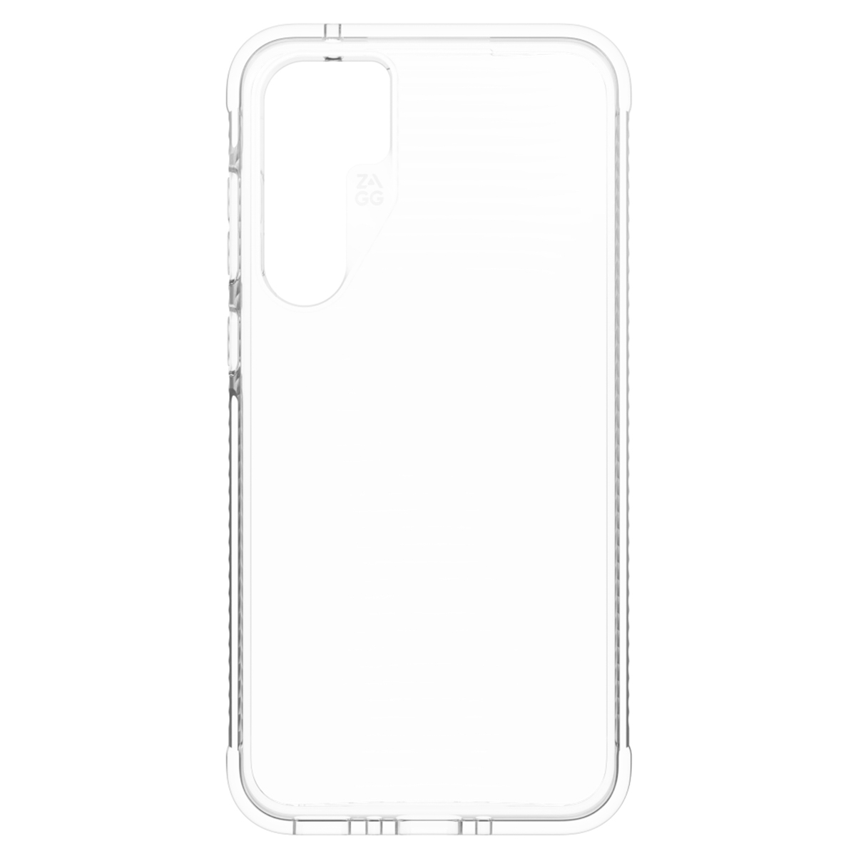 Une coque de téléphone transparente, vide, avec une découpe de caméra visible à l'arrière.