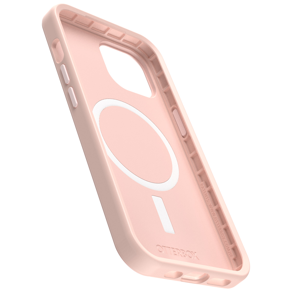 Roze telefoonhoes binnenkant. Witte MagSafe cirkel en rechthoek. Otterbox branding zichtbaar.