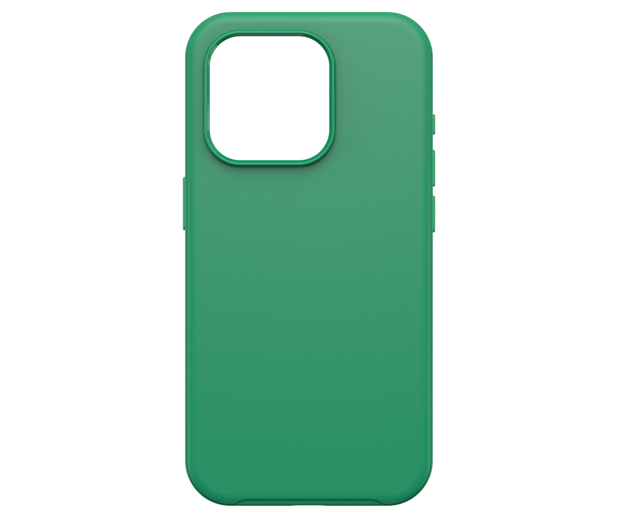 Una funda de teléfono verde, la parte trasera, con un recorte cuadrado para la cámara.
