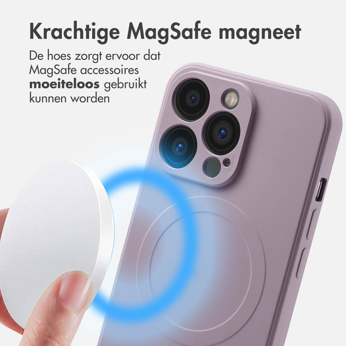 Paarse telefoonhoes met een witte oplaadpad. Tekst over MagSafe.