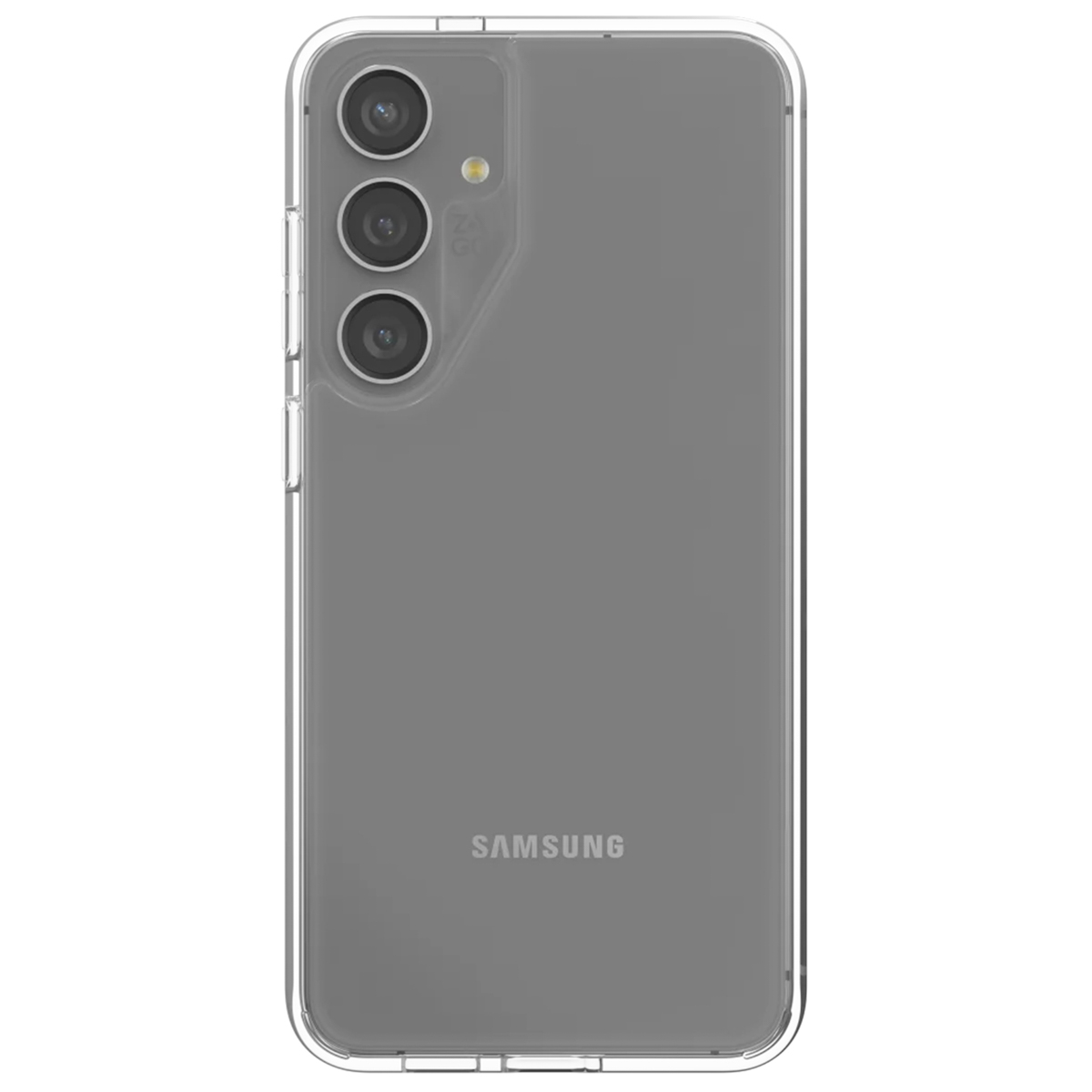 Teléfono gris con triple cámara, dentro de una funda transparente. Logotipo Samsung en la parte trasera.