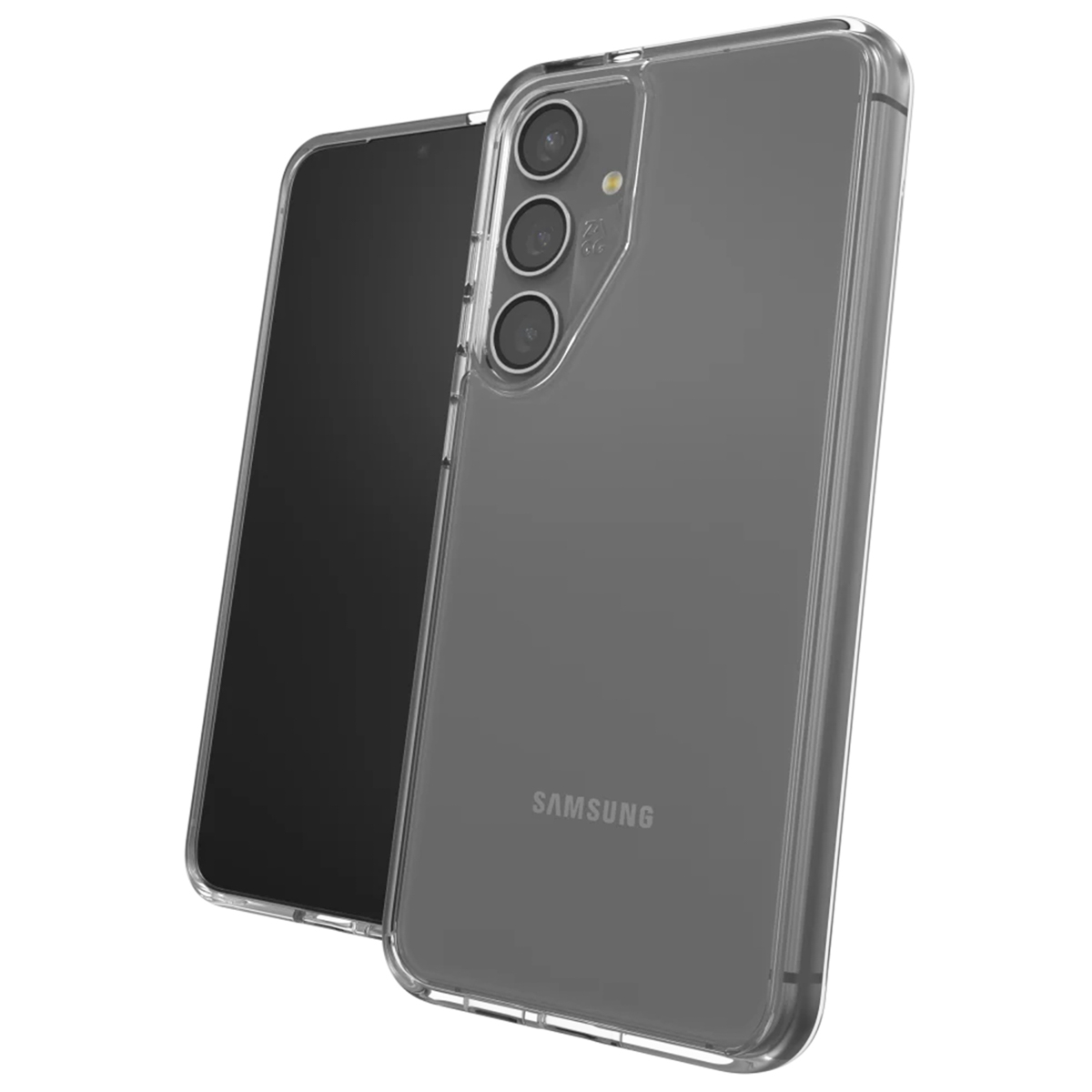 Teléfono Samsung en funda transparente. Triple cámara.