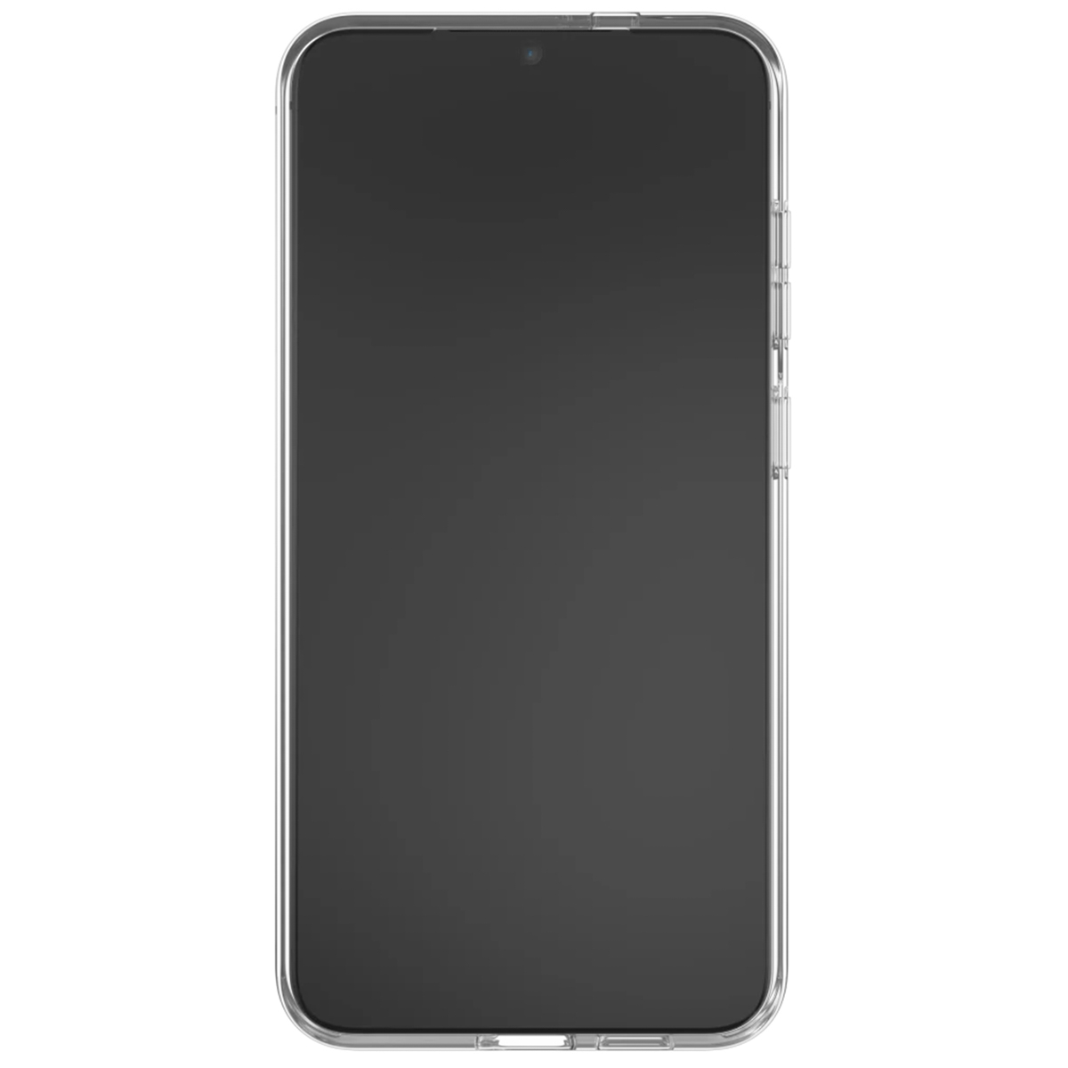 Teléfono con funda transparente, pantalla negra, marco transparente.