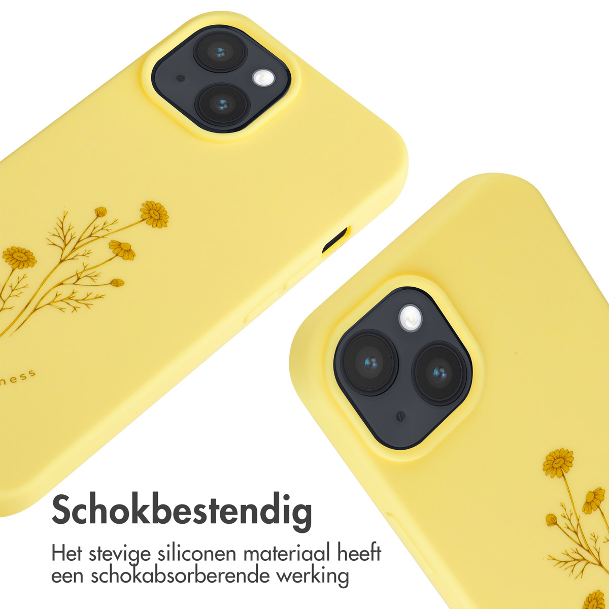 Gele telefoonhoesjes met een bloemenprint. Tekst over schokbestendigheid.
