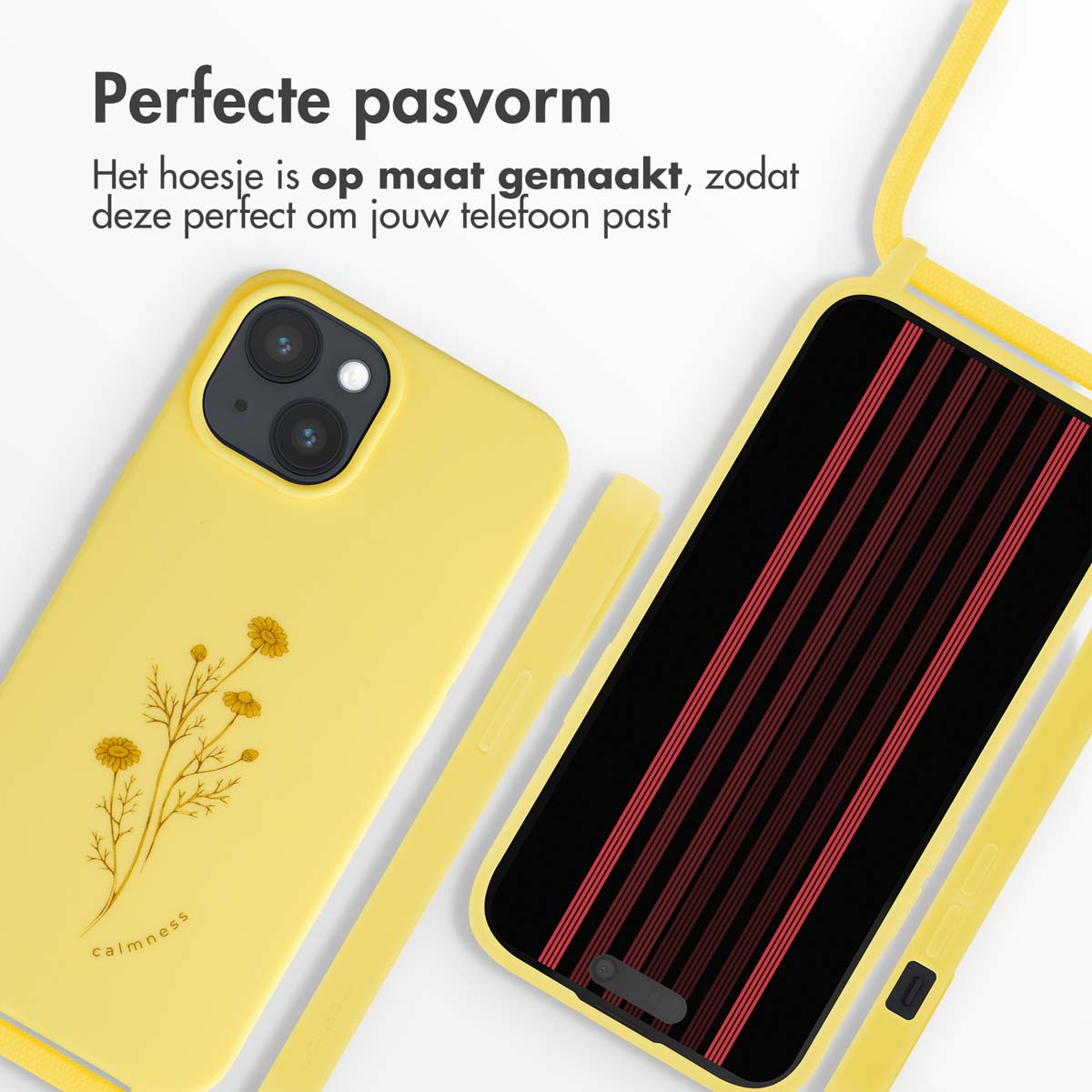 Een geel telefoonhoesje met een bloemenontwerp en een telefoon erin. Ook een gele band.