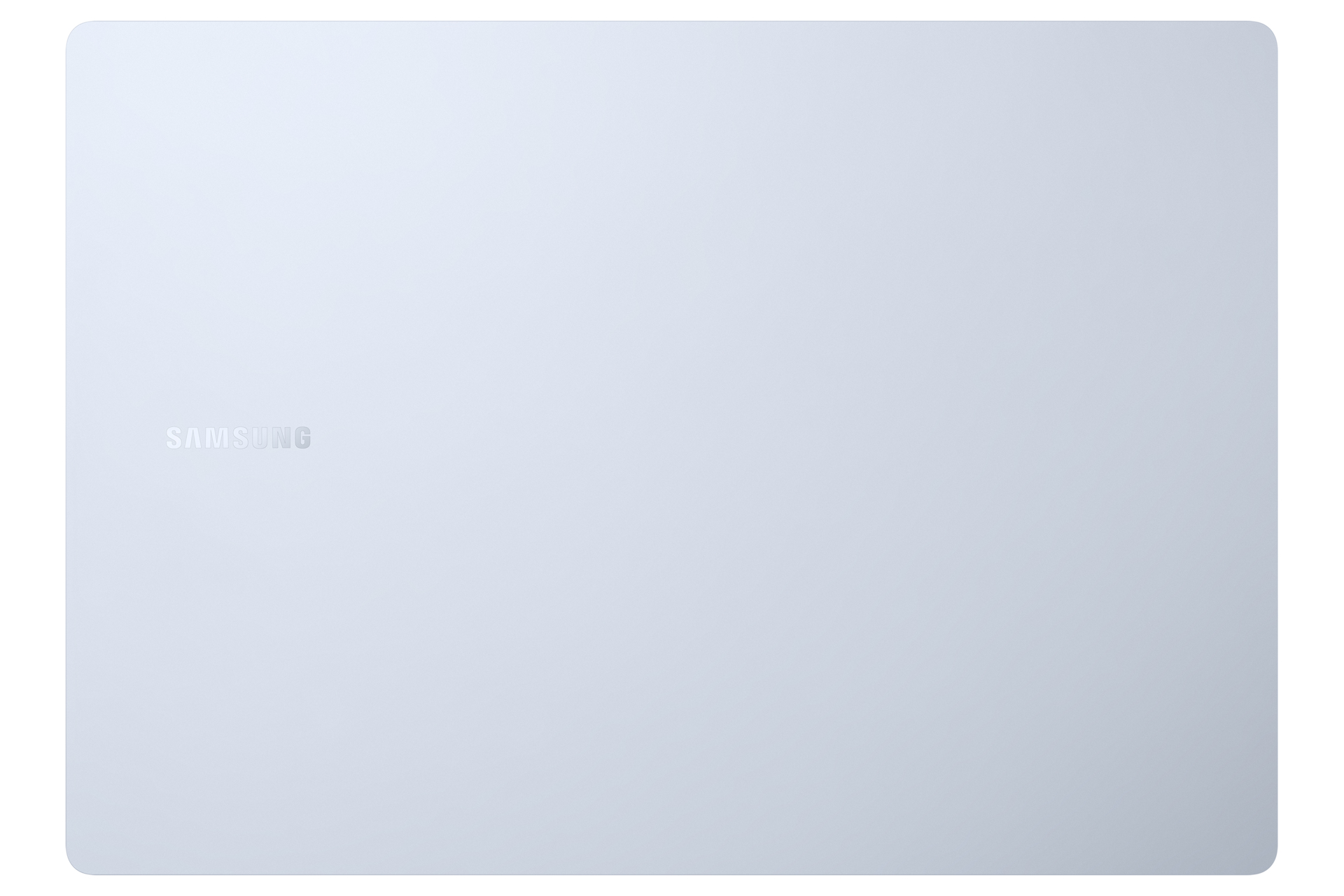 Jasnoniebieski laptop Samsung, zamknięty, z logo Samsung u góry, na białym tle.