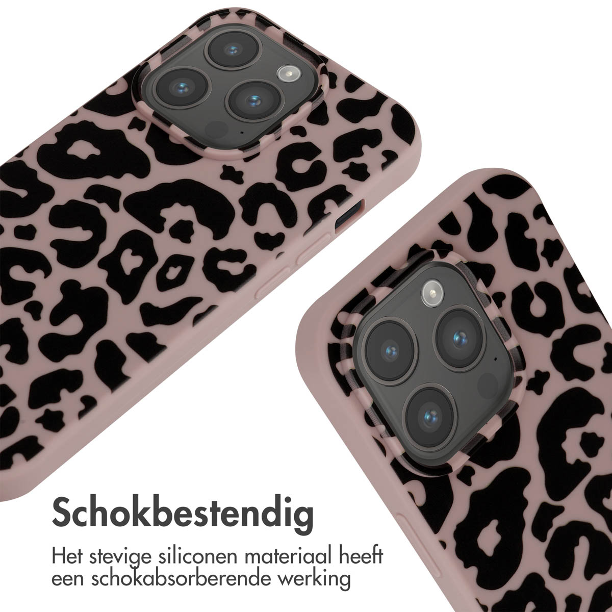 Roze telefoonhoes met luipaardprint. Tekst: Schokbestendig. De camera's van de telefoon zijn zichtbaar.