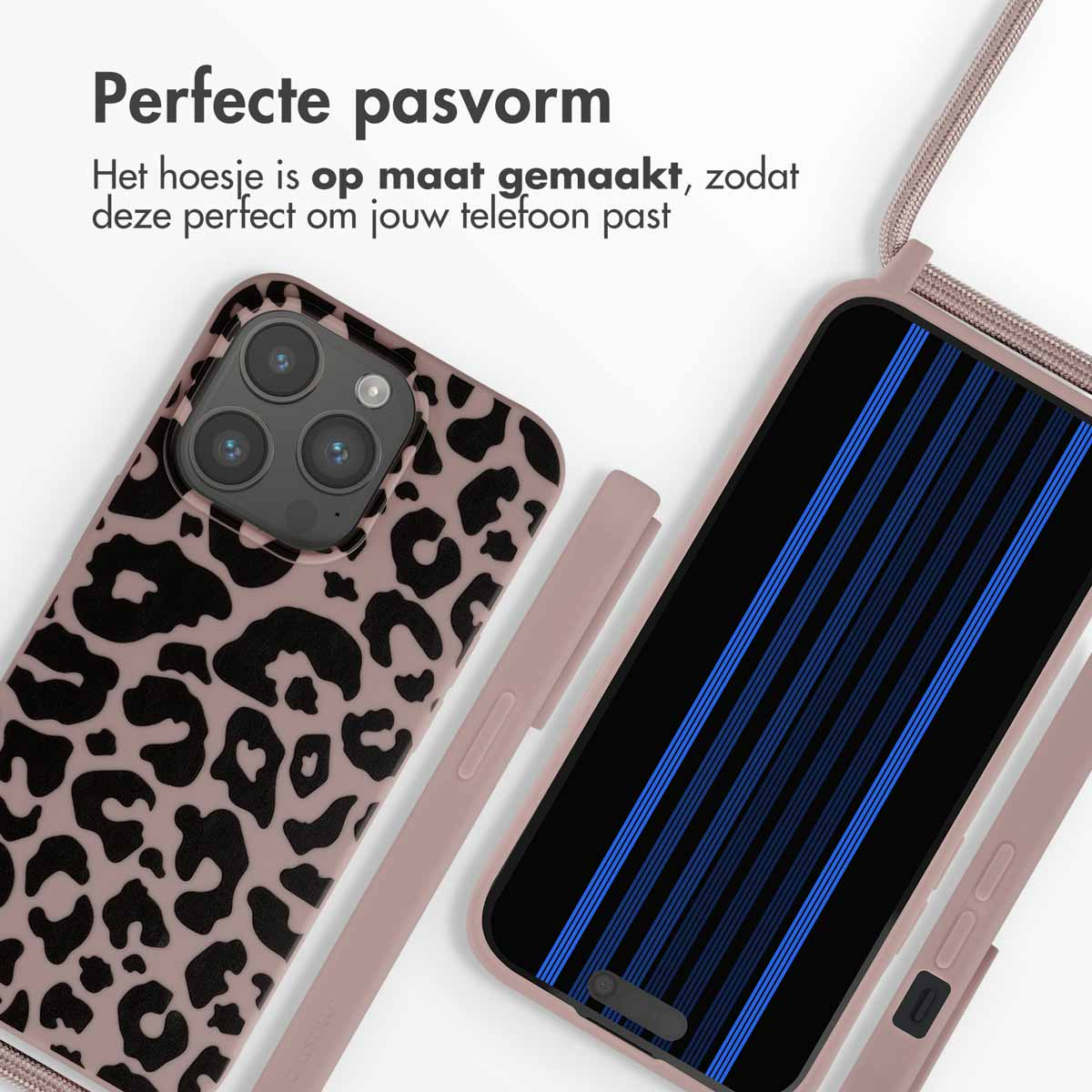 Een telefoonhoesje met een luipaardprint en een telefoon met een blauw scherm, met een witte achtergrond.